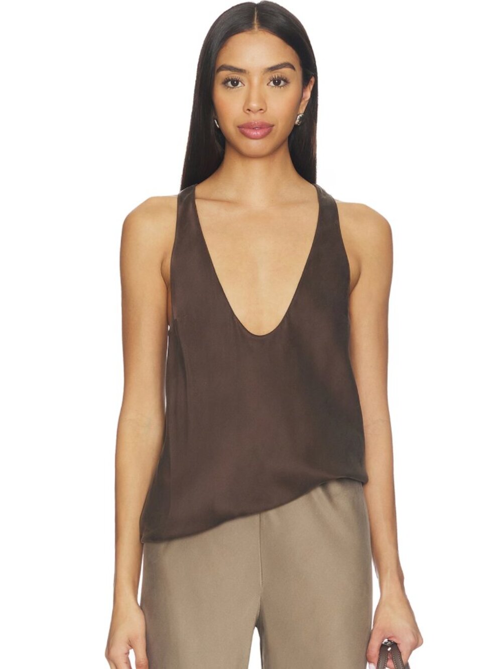 EAVES Vivian Silk Tank Top Ganache Brown Low Cut Sleeveless Cami Camisole Small